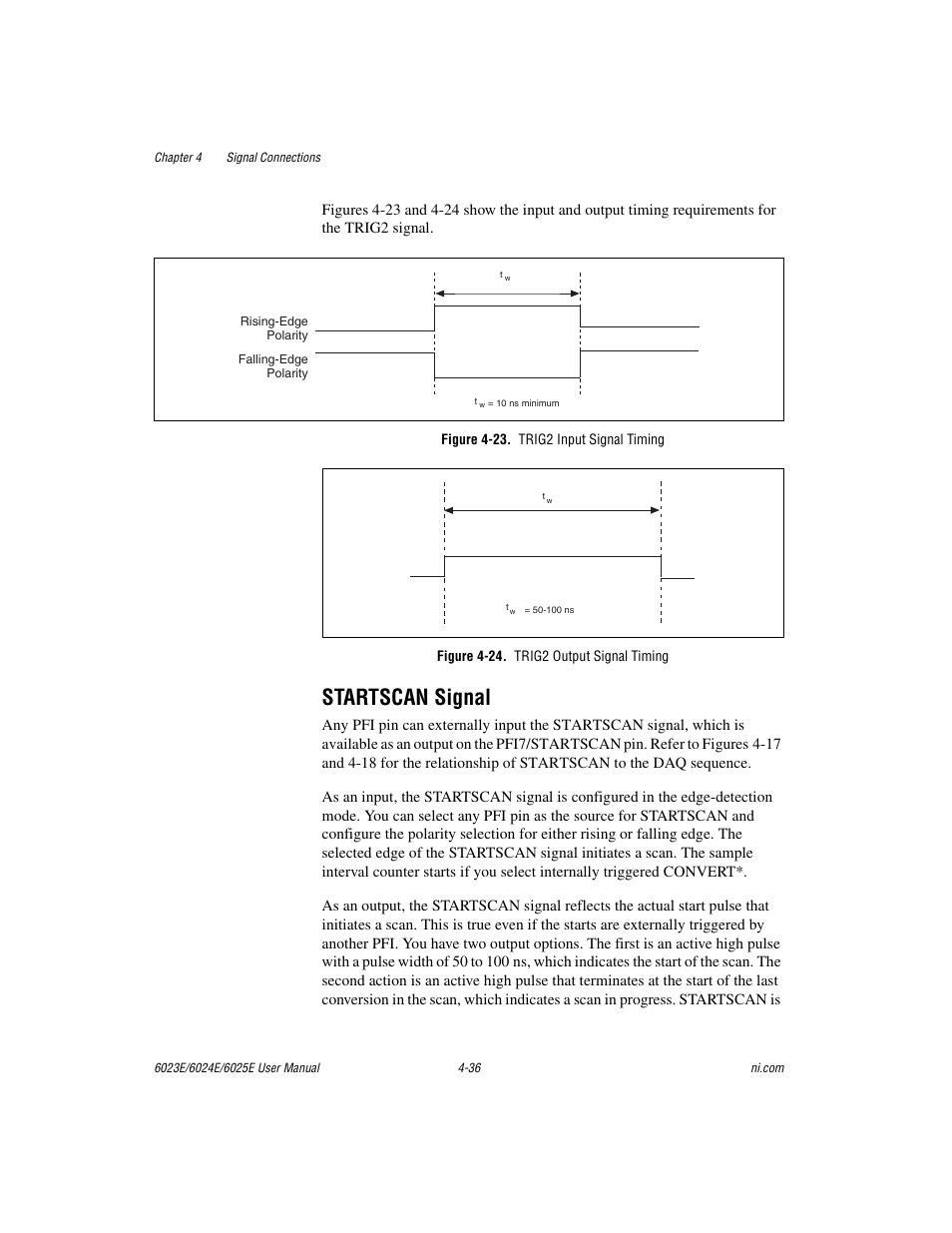 Startscan signal, Figure 4-23. trig2 input signal timing, Figure 4-24. trig2 output signal timing | Startscan signal -36, Figure 4-23, Trig2 input signal timing -36, Figure 4-24, Trig2 output signal timing -36 | National Instruments 6023E User Manual | Page 66 / 136