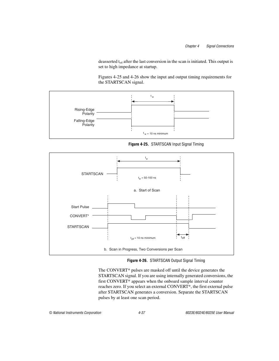 Figure 4-25. startscan input signal timing, Figure 4-26. startscan output signal timing, Figure 4-25 | Startscan input signal timing -37, Figure 4-26, Startscan output signal timing -37, Deasserted t | National Instruments 6023E User Manual | Page 67 / 136