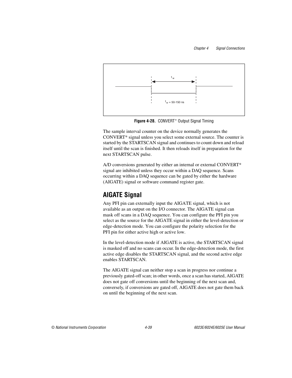 Aigate signal, Figure 4-28. convert* output signal timing, Aigate signal -39 | Figure 4-28, Convert* output signal timing -39 | National Instruments 6023E User Manual | Page 69 / 136