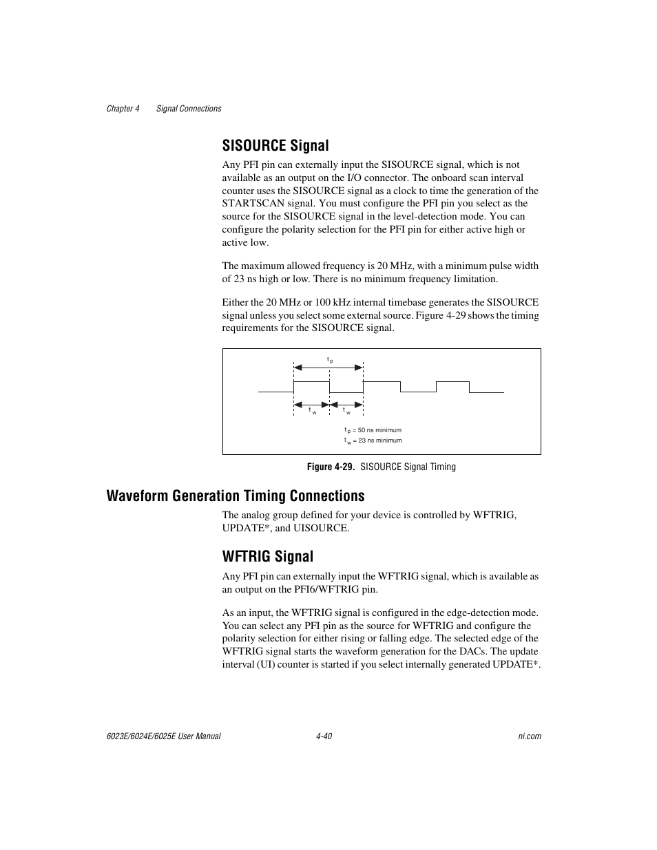 Sisource signal, Waveform generation timing connections, Wftrig signal | Figure 4-29. sisource signal timing, Sisource signal -40, Waveform generation timing connections -40, Wftrig signal -40, Figure 4-29, Sisource signal timing -40, Waveform generation timing | National Instruments 6023E User Manual | Page 70 / 136