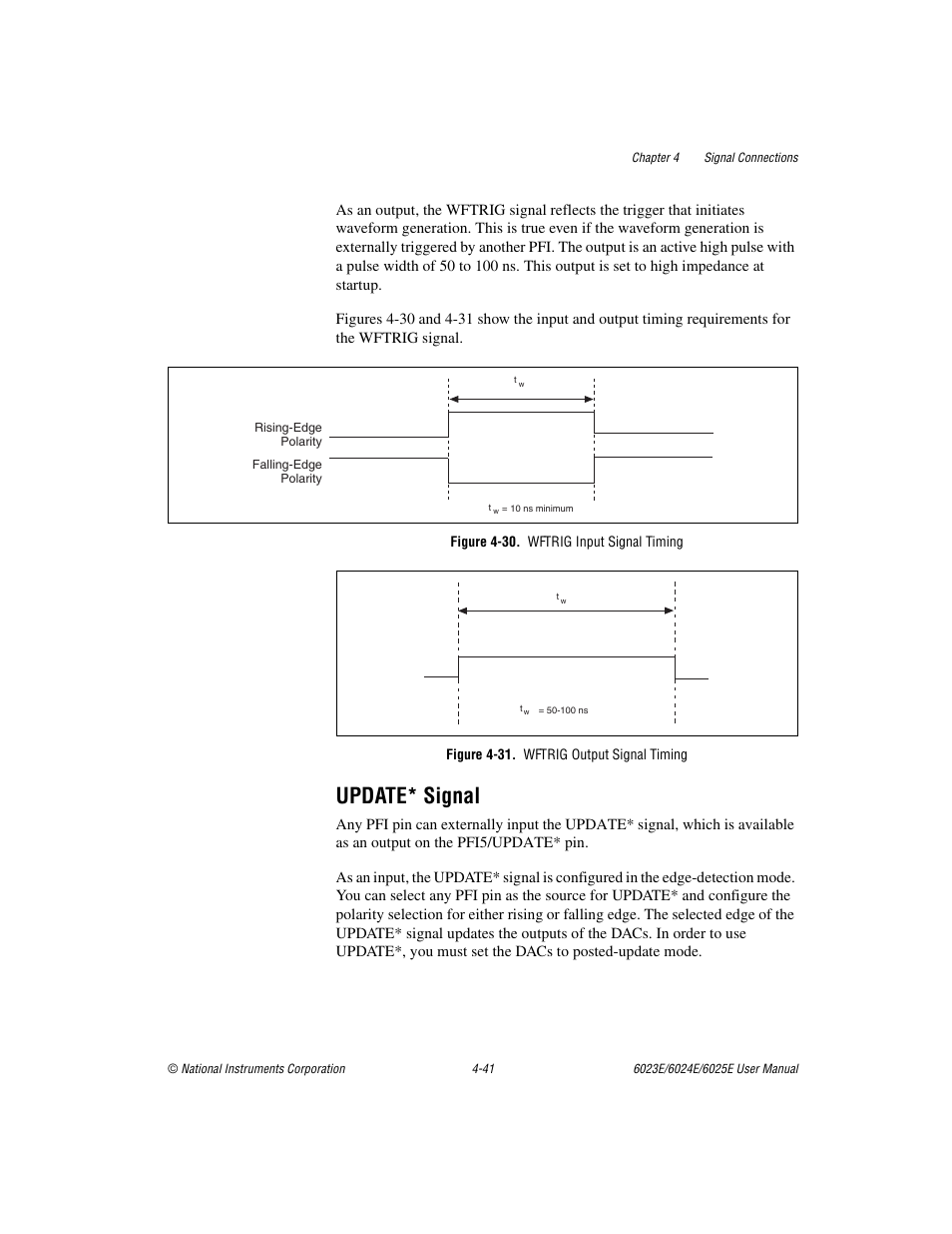 Update* signal, Figure 4-30. wftrig input signal timing, Figure 4-31. wftrig output signal timing | Update* signal -41, Figure 4-30, Wftrig input signal timing -41, Figure 4-31, Wftrig output signal timing -41 | National Instruments 6023E User Manual | Page 71 / 136