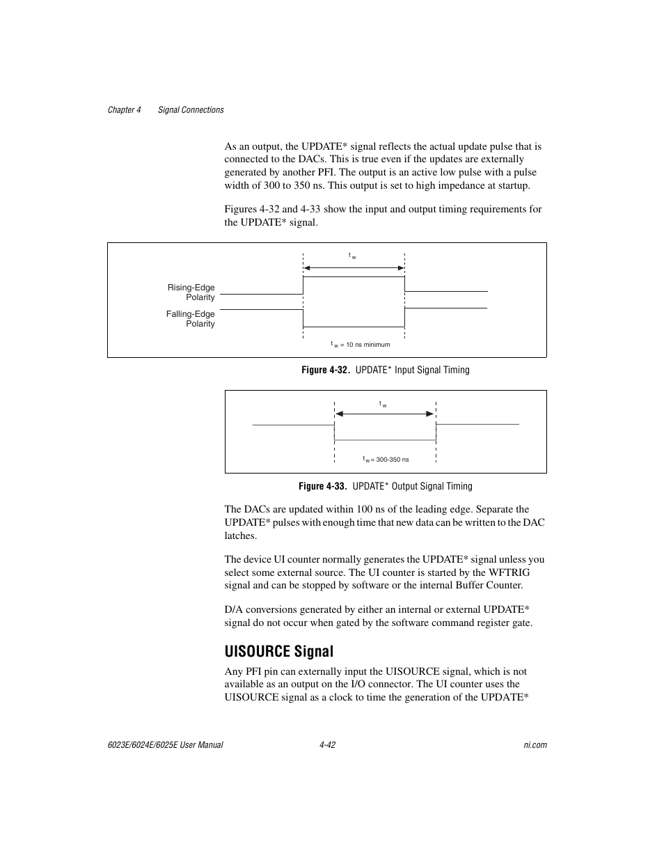 Uisource signal, Figure 4-32. update* input signal timing, Figure 4-33. update* output signal timing | Uisource signal -42, Figure 4-32, Update* input signal timing -42, Figure 4-33, Update* output signal timing -42 | National Instruments 6023E User Manual | Page 72 / 136