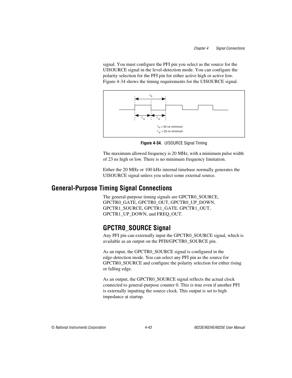 Generalpurpose timing signal connections, Gpctr0_source signal, Figure 4-34. uisource signal timing | General-purpose timing signal connections -43, Gpctr0_source signal -43, Figure 4-34, Uisource signal timing -43, General-purpose timing signal connections | National Instruments 6023E User Manual | Page 73 / 136