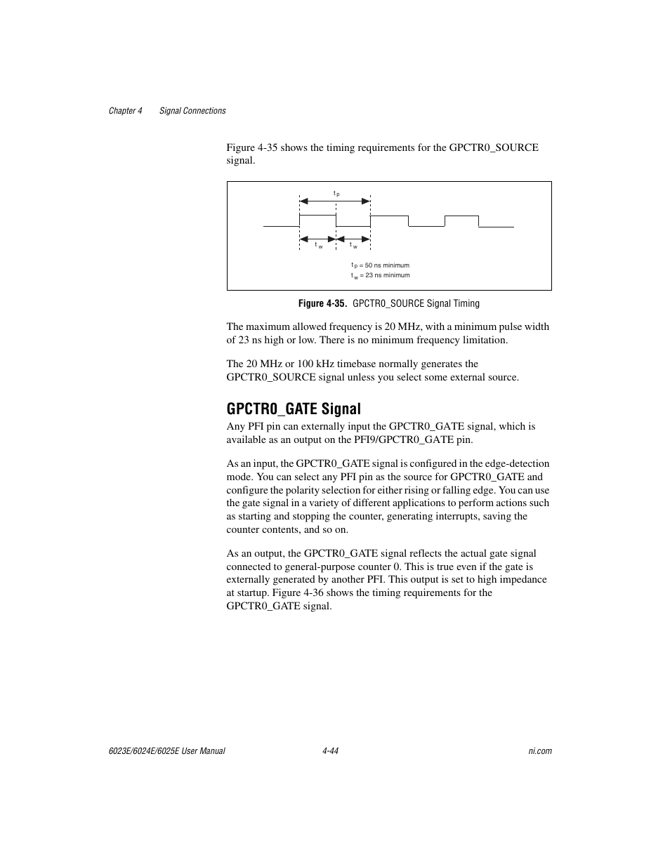Gpctr0_gate signal, Figure 4-35. gpctr0_source signal timing, Gpctr0_gate signal -44 | Figure 4-35, Gpctr0_source signal timing -44 | National Instruments 6023E User Manual | Page 74 / 136