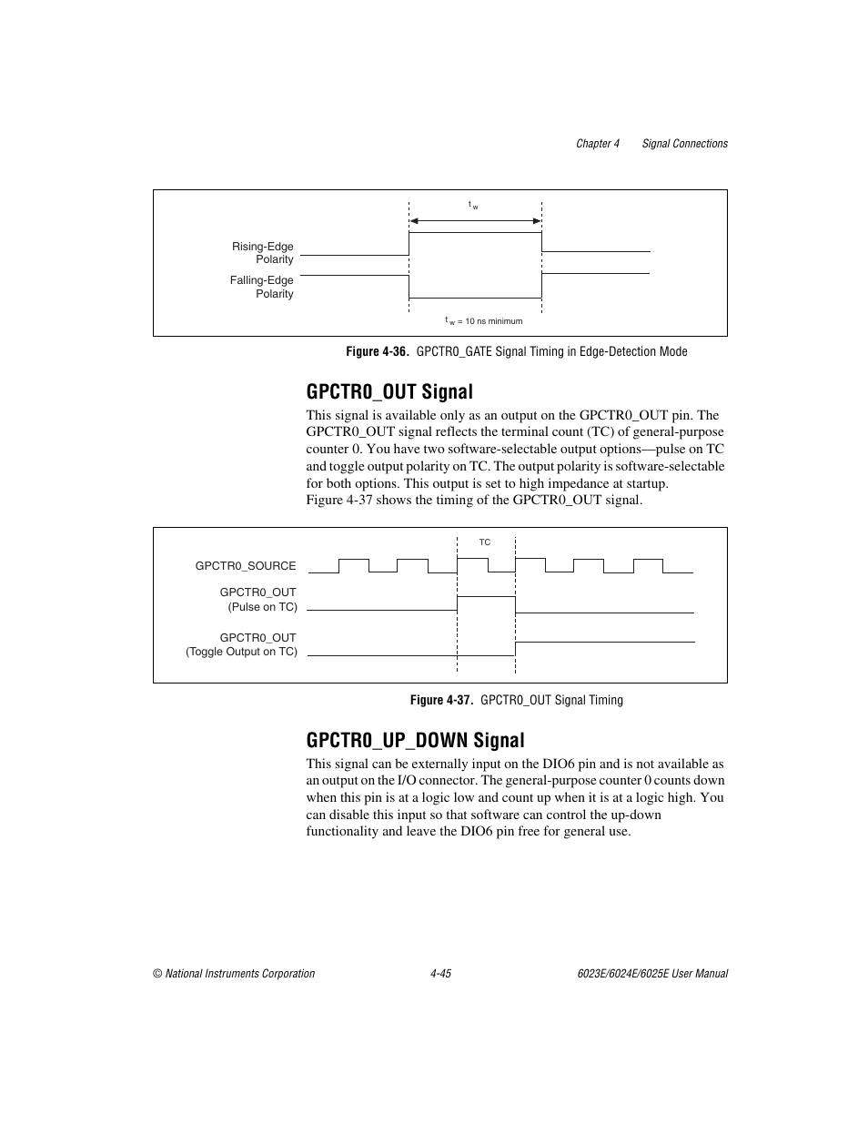 Gpctr0_out signal, Gpctr0_up_down signal, Figure 4-37. gpctr0_out signal timing | Gpctr0_out signal -45 gpctr0_up_down signal -45, Figure 4-36, Figure 4-37, Gpctr0_out signal timing -45 | National Instruments 6023E User Manual | Page 75 / 136