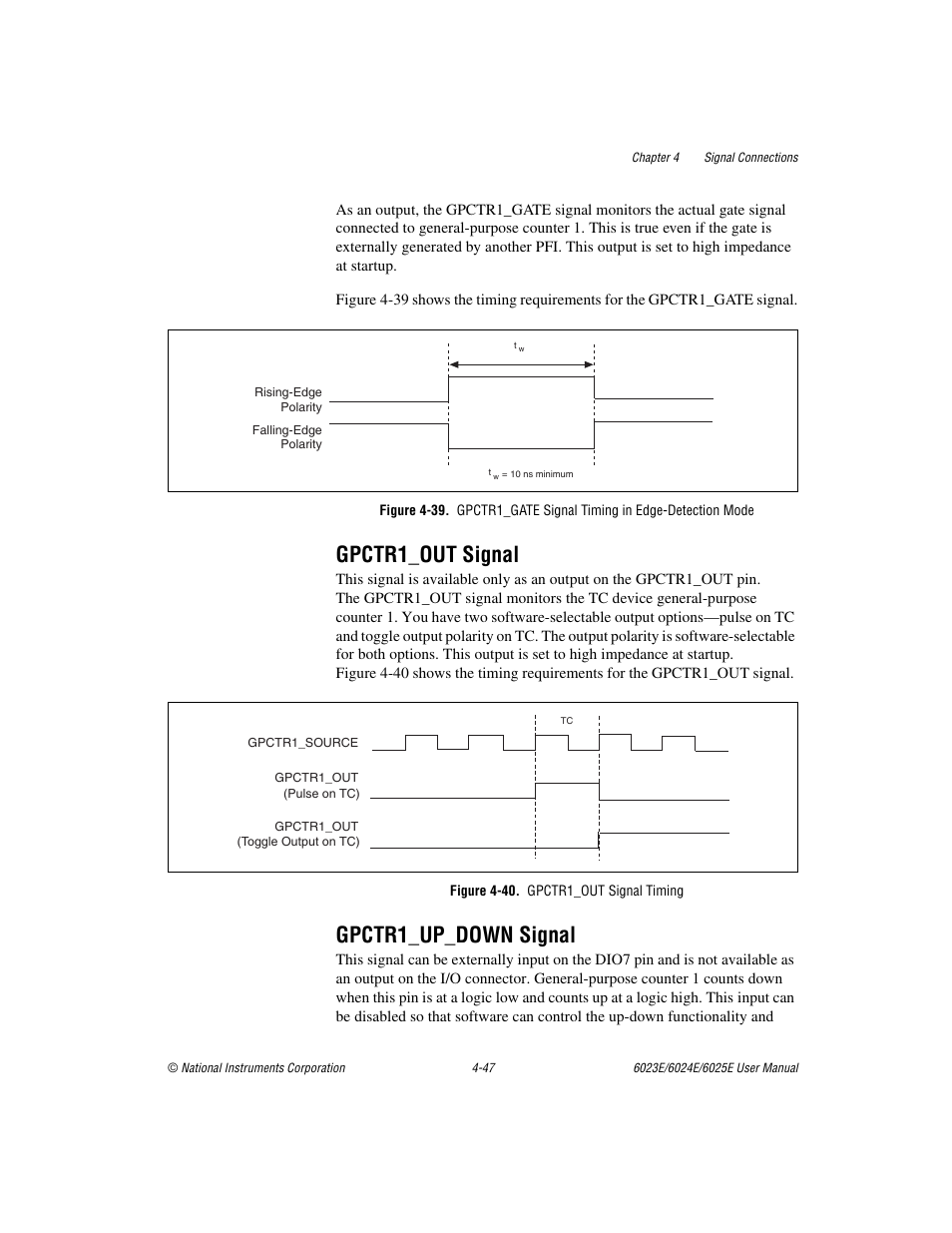 Gpctr1_out signal, Gpctr1_up_down signal, Figure 4-40. gpctr1_out signal timing | Gpctr1_out signal -47 gpctr1_up_down signal -47, Figure 4-39, Figure 4-40, Gpctr1_out signal timing -47 | National Instruments 6023E User Manual | Page 77 / 136