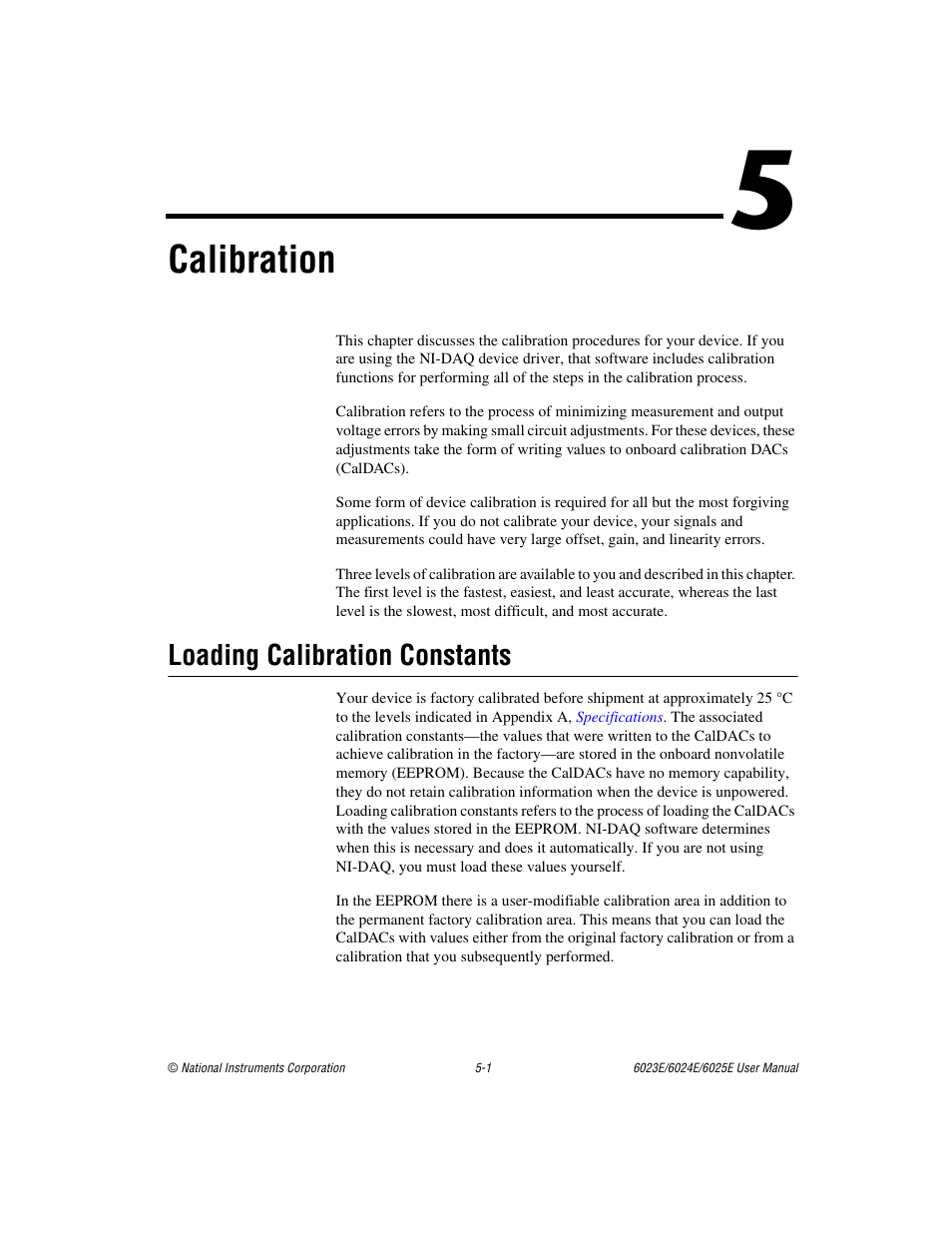 Chapter 5 calibration, Loading calibration constants, Loading calibration constants -1 | Calibration | National Instruments 6023E User Manual | Page 80 / 136