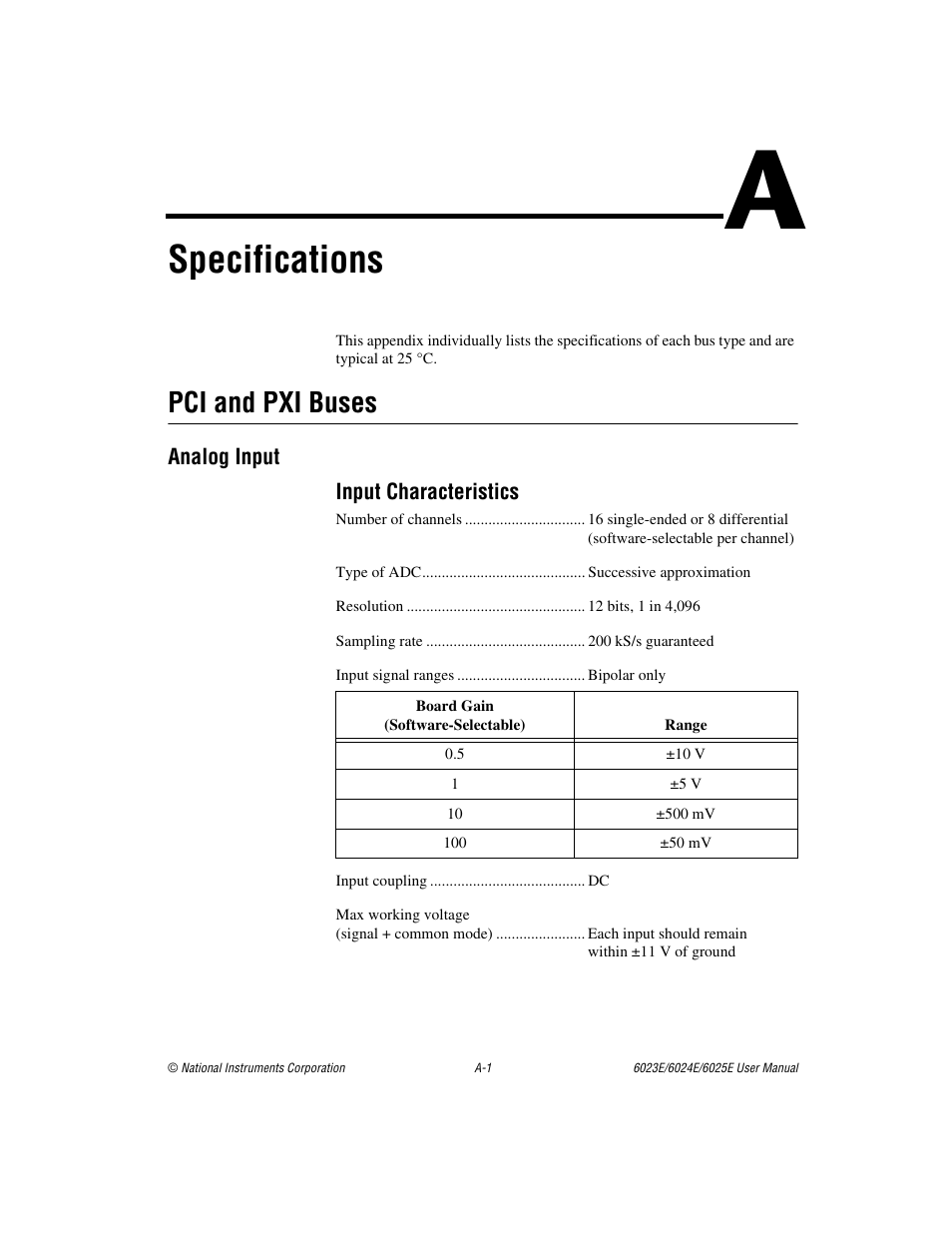 Appendix a specifications, Specifications, Pci and pxi buses | National Instruments 6023E User Manual | Page 83 / 136