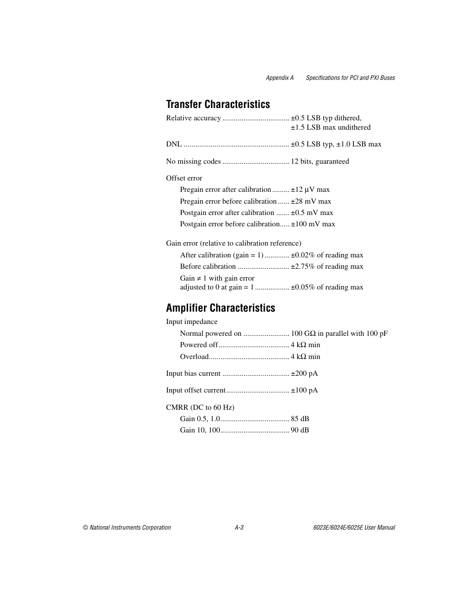 Transfer characteristics, Amplifier characteristics | National Instruments 6023E User Manual | Page 85 / 136