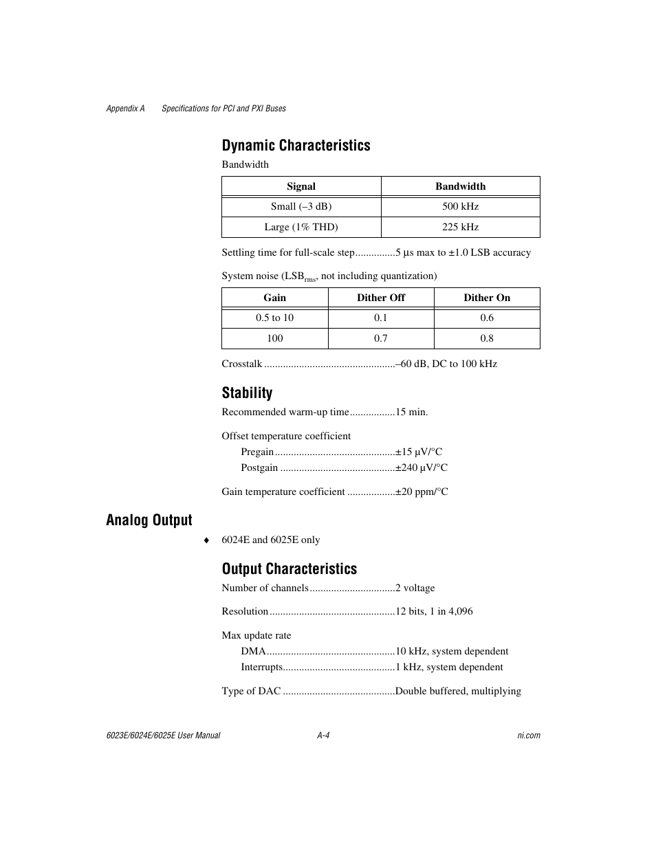 Dynamic characteristics, Stability, Analog output | Output characteristics | National Instruments 6023E User Manual | Page 86 / 136