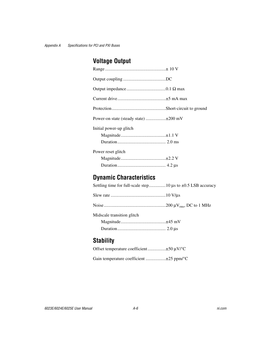 Voltage output, Dynamic characteristics, Stability | National Instruments 6023E User Manual | Page 88 / 136