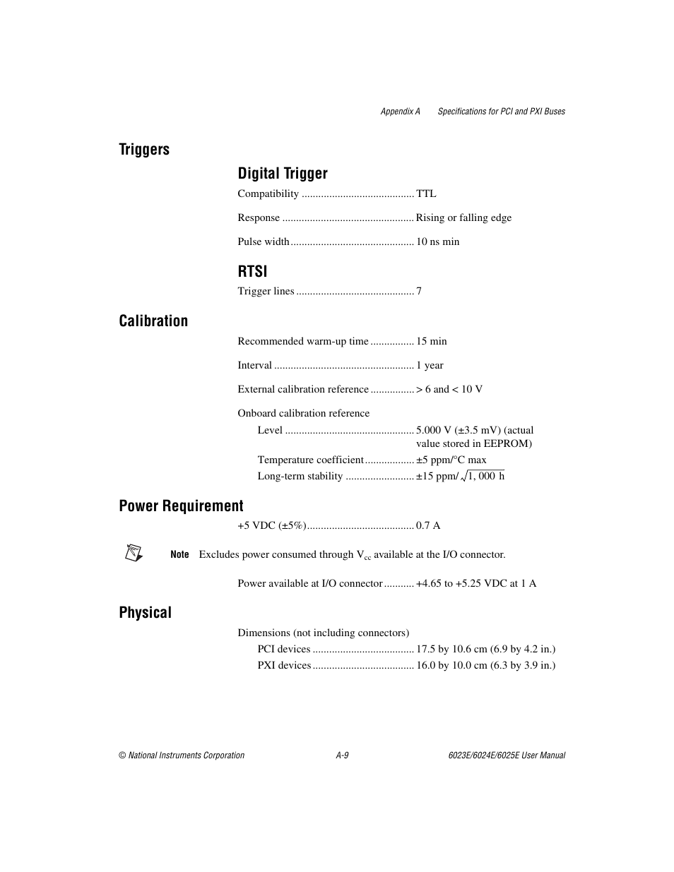 Triggers digital trigger, Rtsi, Calibration | Power requirement, Physical | National Instruments 6023E User Manual | Page 91 / 136