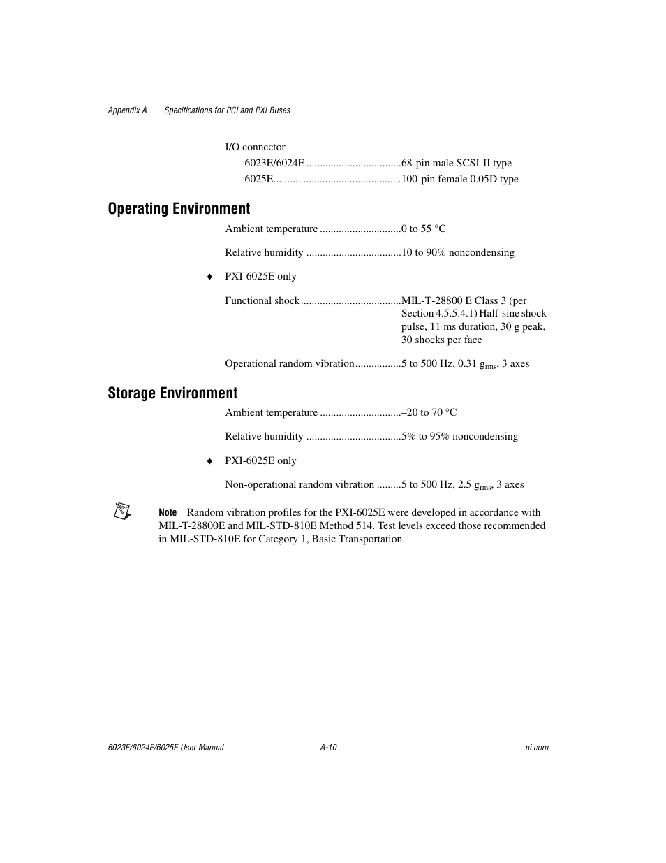 Operating environment, Storage environment | National Instruments 6023E User Manual | Page 92 / 136