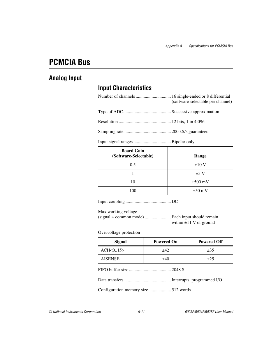 Pcmcia bus, Analog input input characteristics | National Instruments 6023E User Manual | Page 93 / 136