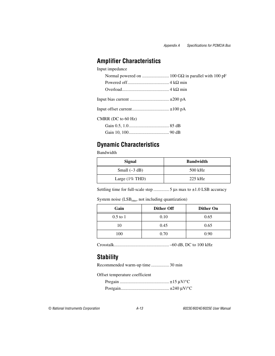 Amplifier characteristics, Dynamic characteristics, Stability | National Instruments 6023E User Manual | Page 95 / 136