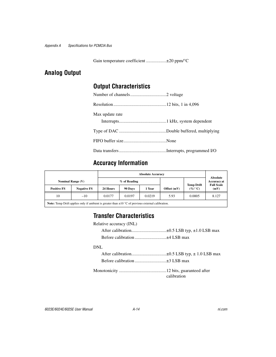 Analog output output characteristics, Accuracy information transfer characteristics | National Instruments 6023E User Manual | Page 96 / 136