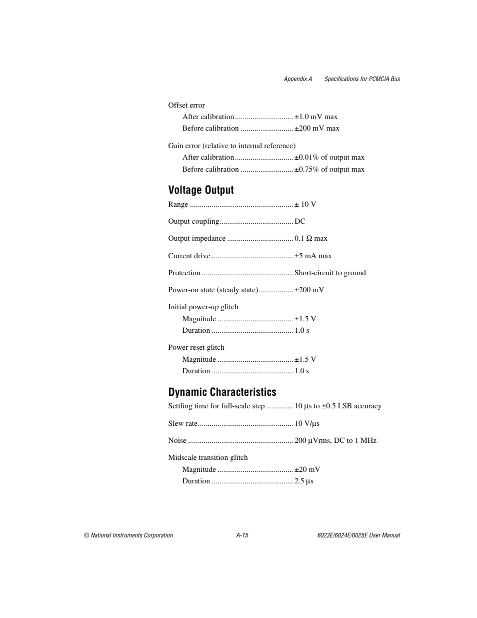 Voltage output, Dynamic characteristics | National Instruments 6023E User Manual | Page 97 / 136