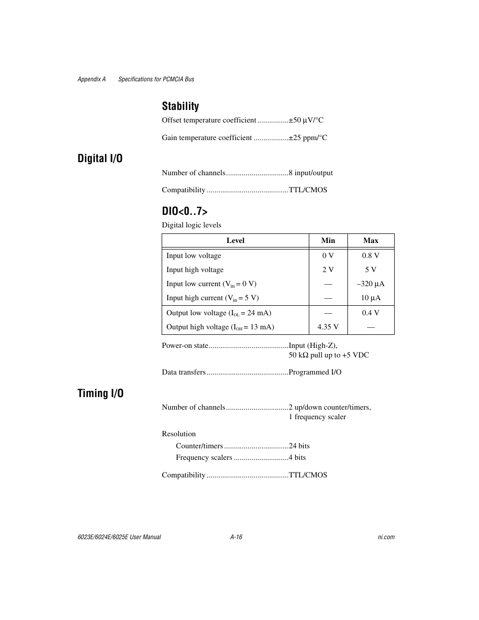 Stability, Digital i/o, Dio<0 | Timing i/o | National Instruments 6023E User Manual | Page 98 / 136