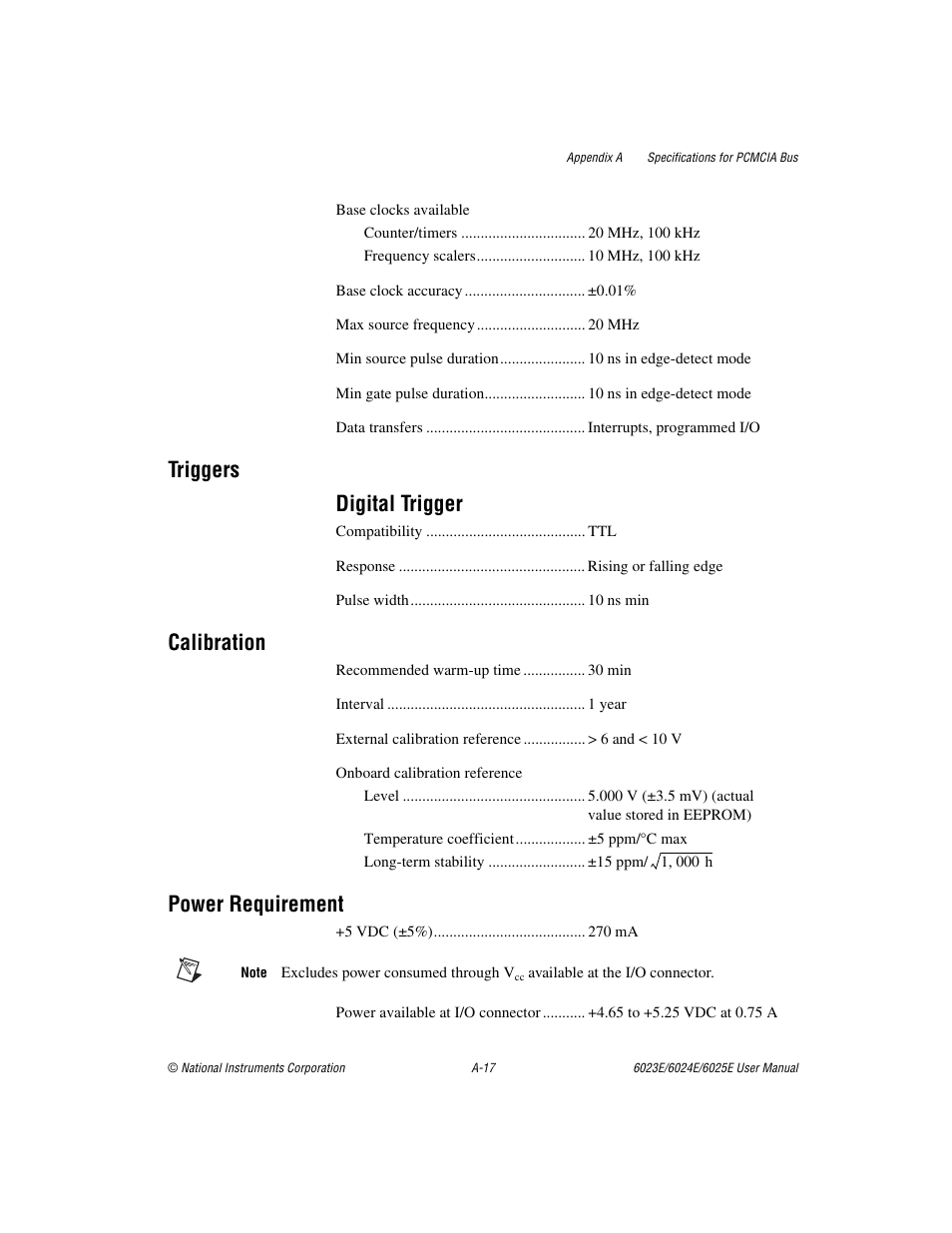 Triggers digital trigger, Calibration, Power requirement | National Instruments 6023E User Manual | Page 99 / 136