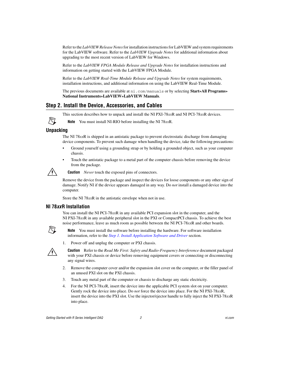 Unpacking, Ni 78xx r installation | National Instruments NI 78xxR User Manual | Page 2 / 12