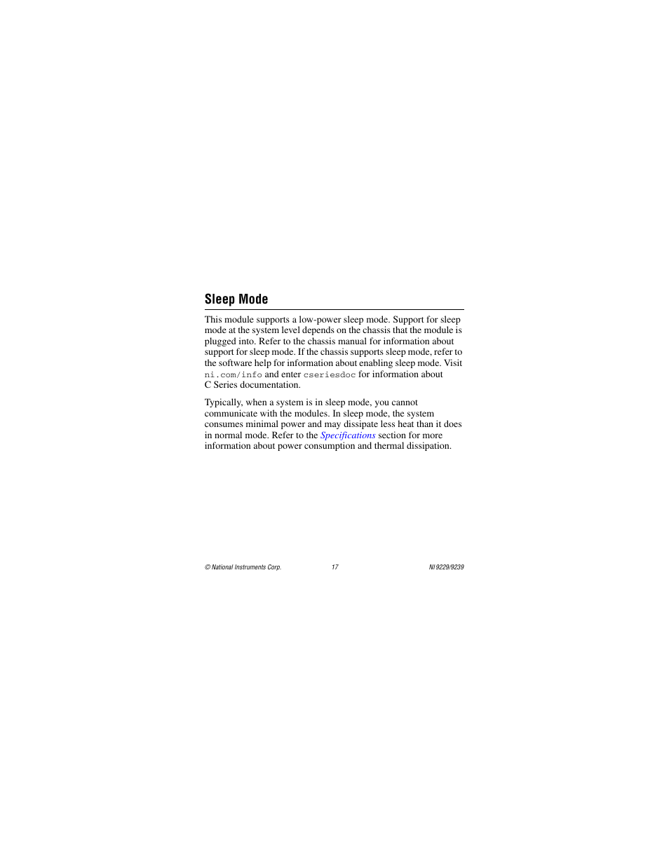Sleep mode | National Instruments NI 9229 User Manual | Page 17 / 34