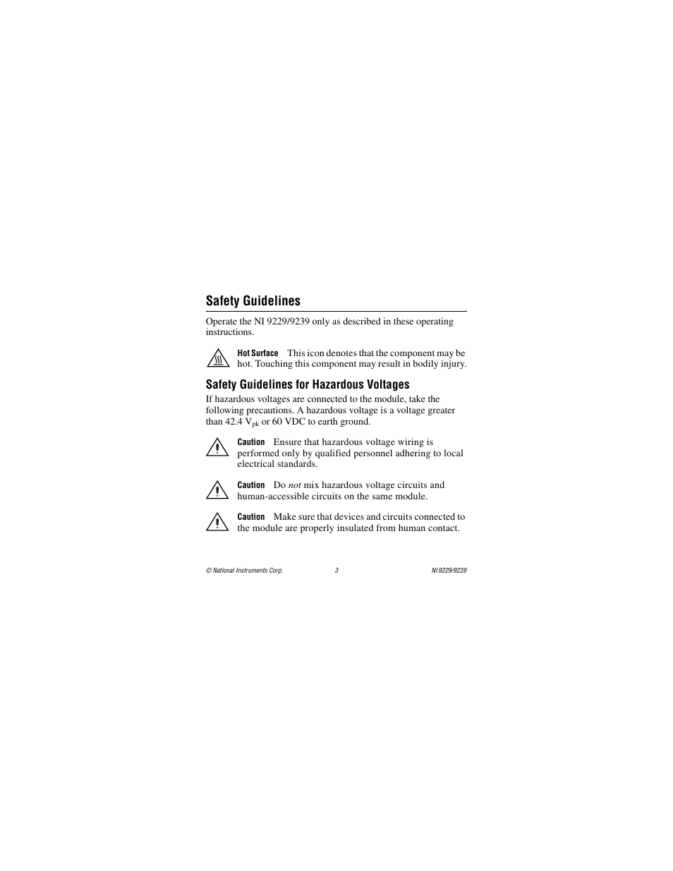 Safety guidelines, Safety guidelines for hazardous voltages | National Instruments NI 9229 User Manual | Page 3 / 34