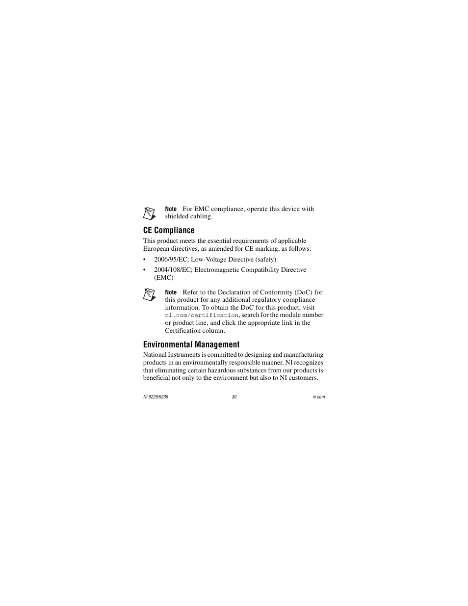 Ce compliance, Environmental management | National Instruments NI 9229 User Manual | Page 30 / 34
