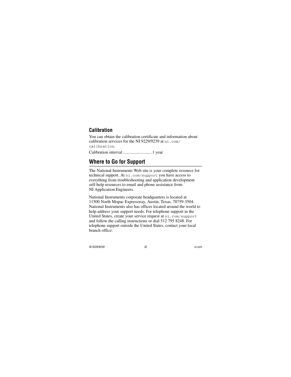 Calibration, Where to go for support | National Instruments NI 9229 User Manual | Page 32 / 34