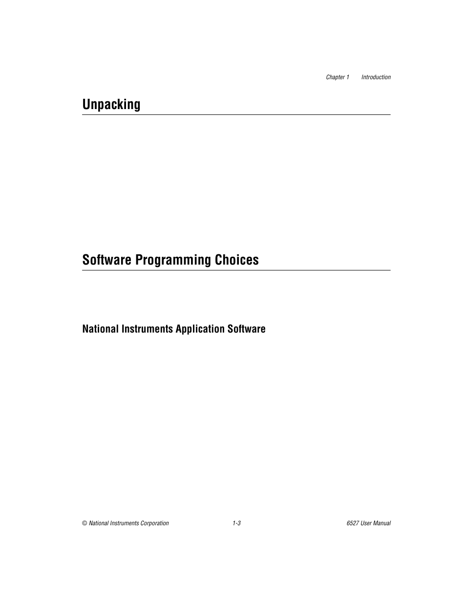 Unpacking, Software programming choices, National instruments application software | Unpacking -3 software programming choices -3, National instruments application software -3 | National Instruments DAQ 6527 User Manual | Page 11 / 47