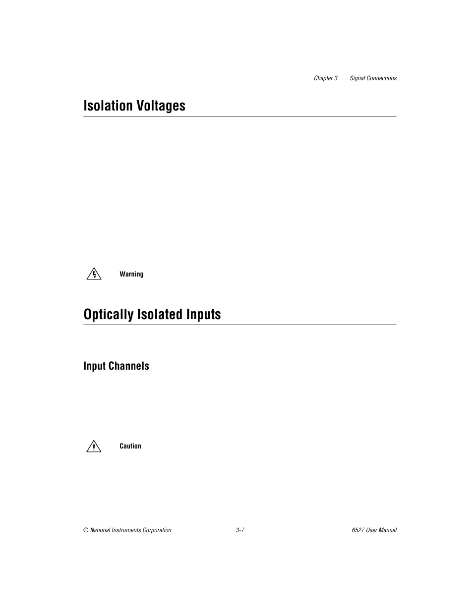 Isolation voltages, Optically isolated inputs, Input channels | Isolation voltages -7 optically isolated inputs -7, Input channels -7 | National Instruments DAQ 6527 User Manual | Page 23 / 47