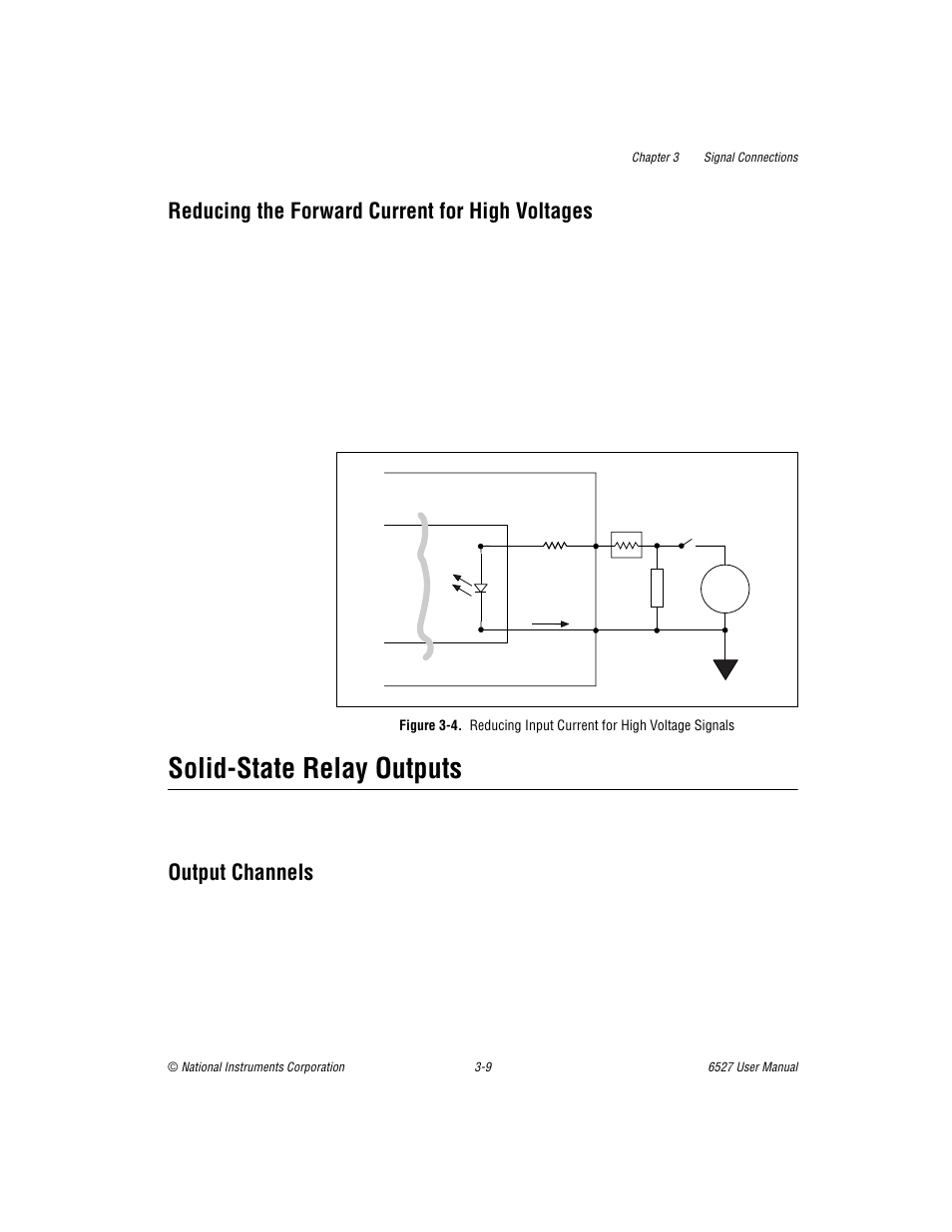 Reducing the forward current for high voltages, Solid-state relay outputs, Output channels | Reducing the forward current for high voltages -9, Solid-state relay outputs -9, Output channels -9, Figure 3-4, Reducing input current for high voltage signals -9 | National Instruments DAQ 6527 User Manual | Page 25 / 47
