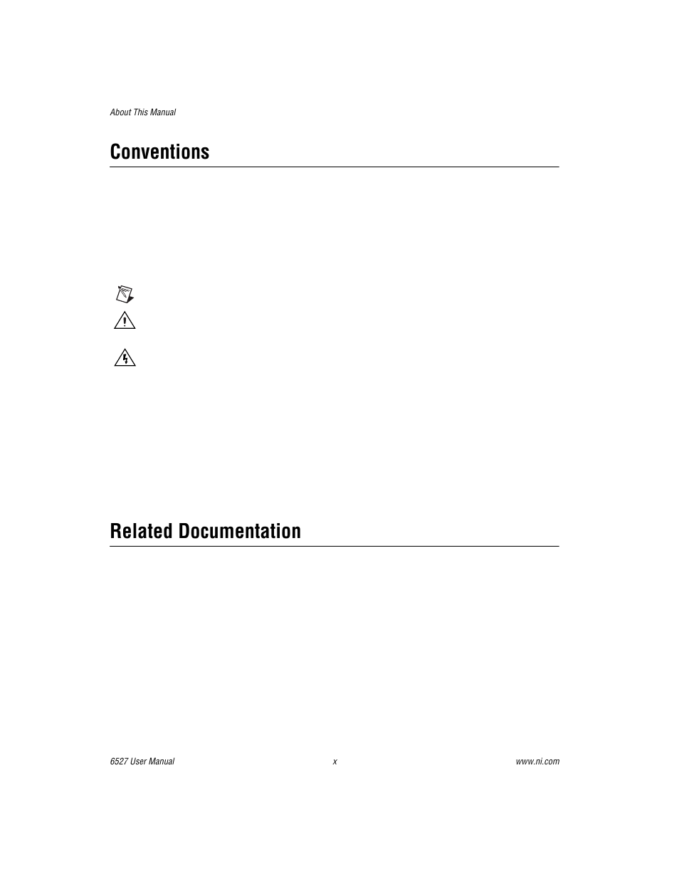 Conventions, Related documentation | National Instruments DAQ 6527 User Manual | Page 8 / 47
