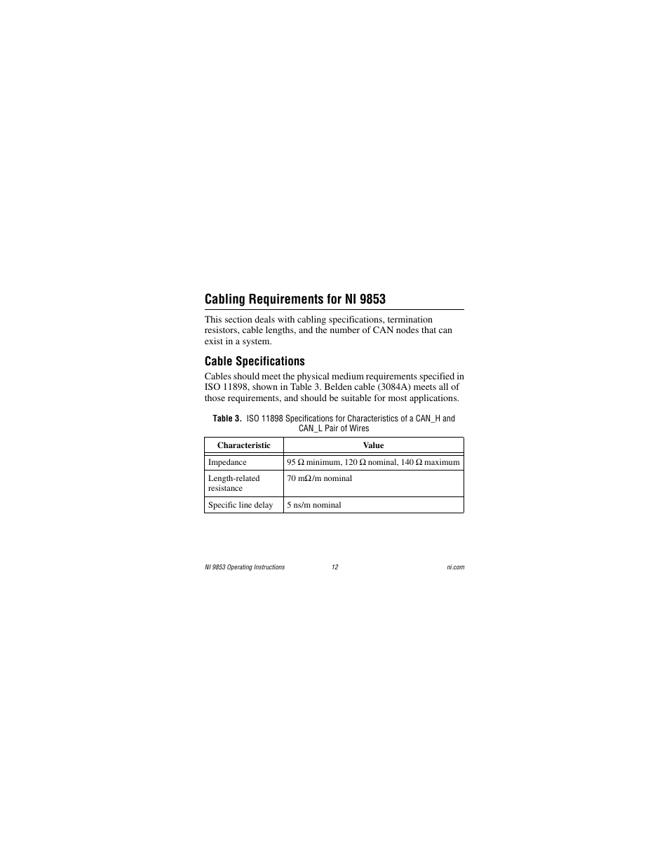 Cabling requirements for ni 9853, Cable specifications | National Instruments NI 9853 User Manual | Page 12 / 28