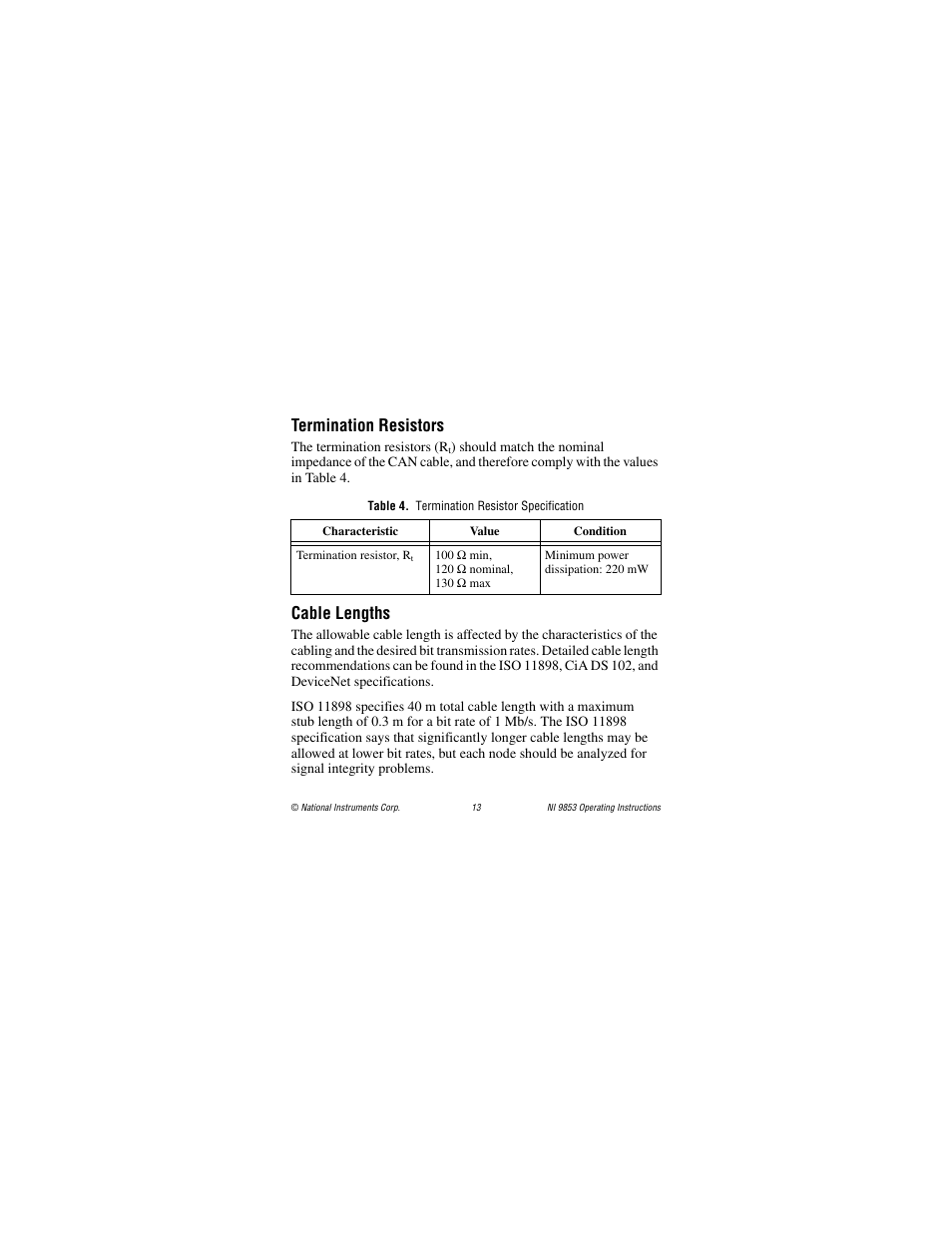 Termination resistors, Table 4. termination resistor specification, Cable lengths | National Instruments NI 9853 User Manual | Page 13 / 28