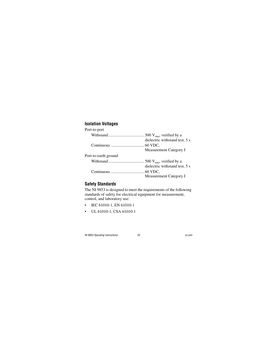 Isolation voltages, Safety standards | National Instruments NI 9853 User Manual | Page 20 / 28