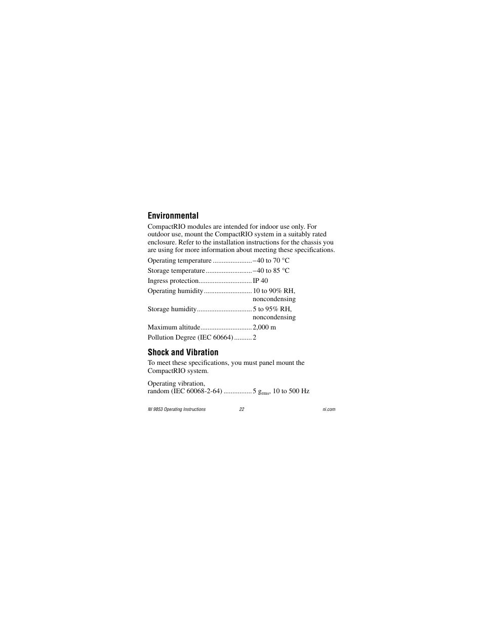 Environmental, Shock and vibration | National Instruments NI 9853 User Manual | Page 22 / 28