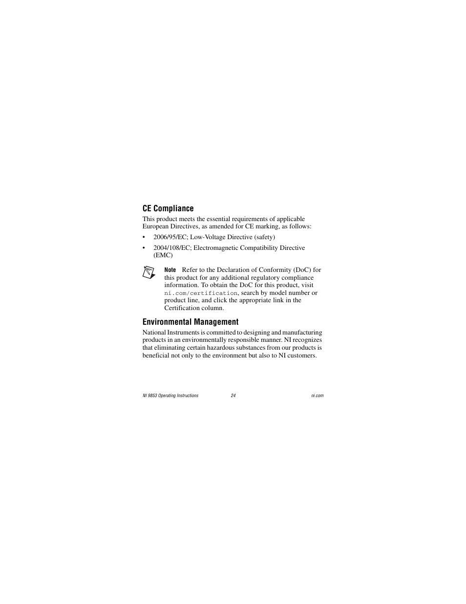 Ce compliance, Environmental management | National Instruments NI 9853 User Manual | Page 24 / 28