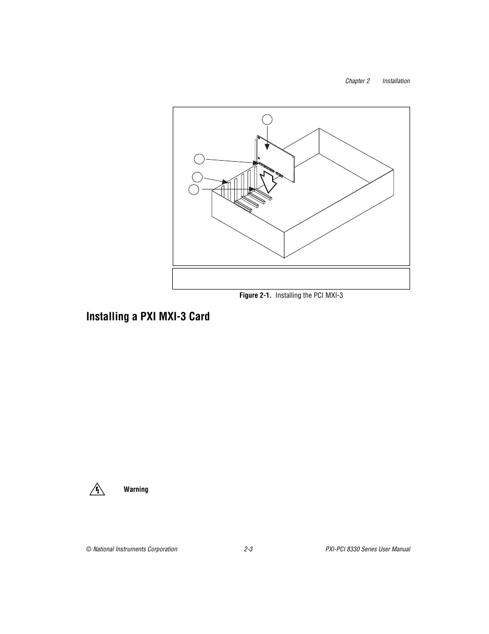 Installing a pxi mxi-3 card, Figure 2-1. installing the pci mxi-3, Installing a pxi mxi-3 card -3 | Figure 2-1, Installing the pci mxi-3 -3 | National Instruments PXI-PCI 8330 Series User Manual | Page 14 / 30