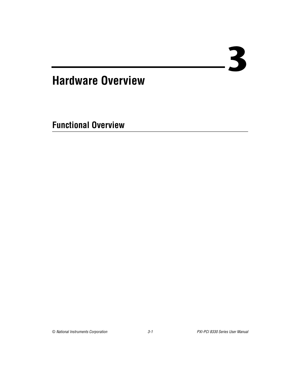 Chapter 3 hardware overview, Functional overview, Functional overview -1 | Chapter 3, Hardware overview | National Instruments PXI-PCI 8330 Series User Manual | Page 17 / 30