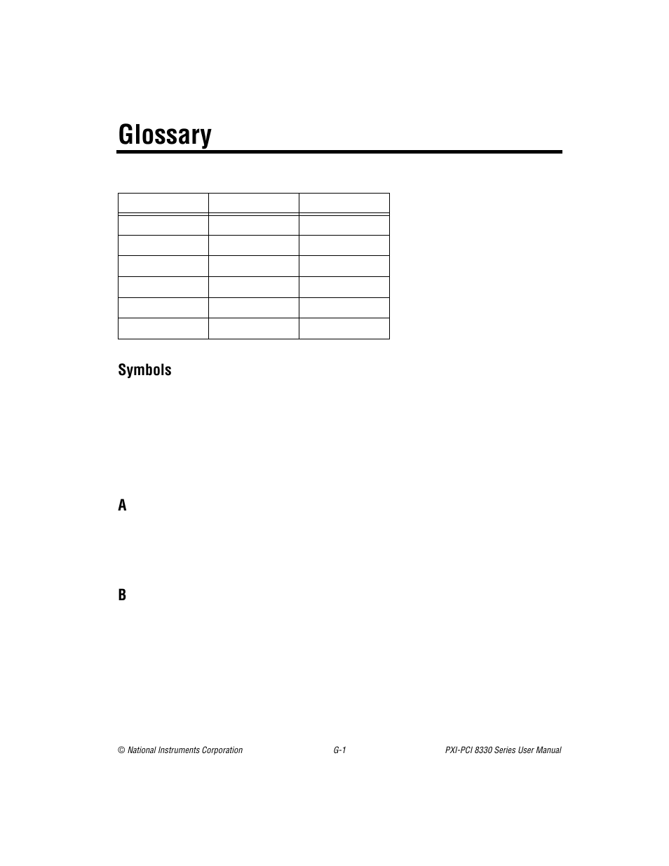 Glossary, Symbols | National Instruments PXI-PCI 8330 Series User Manual | Page 26 / 30