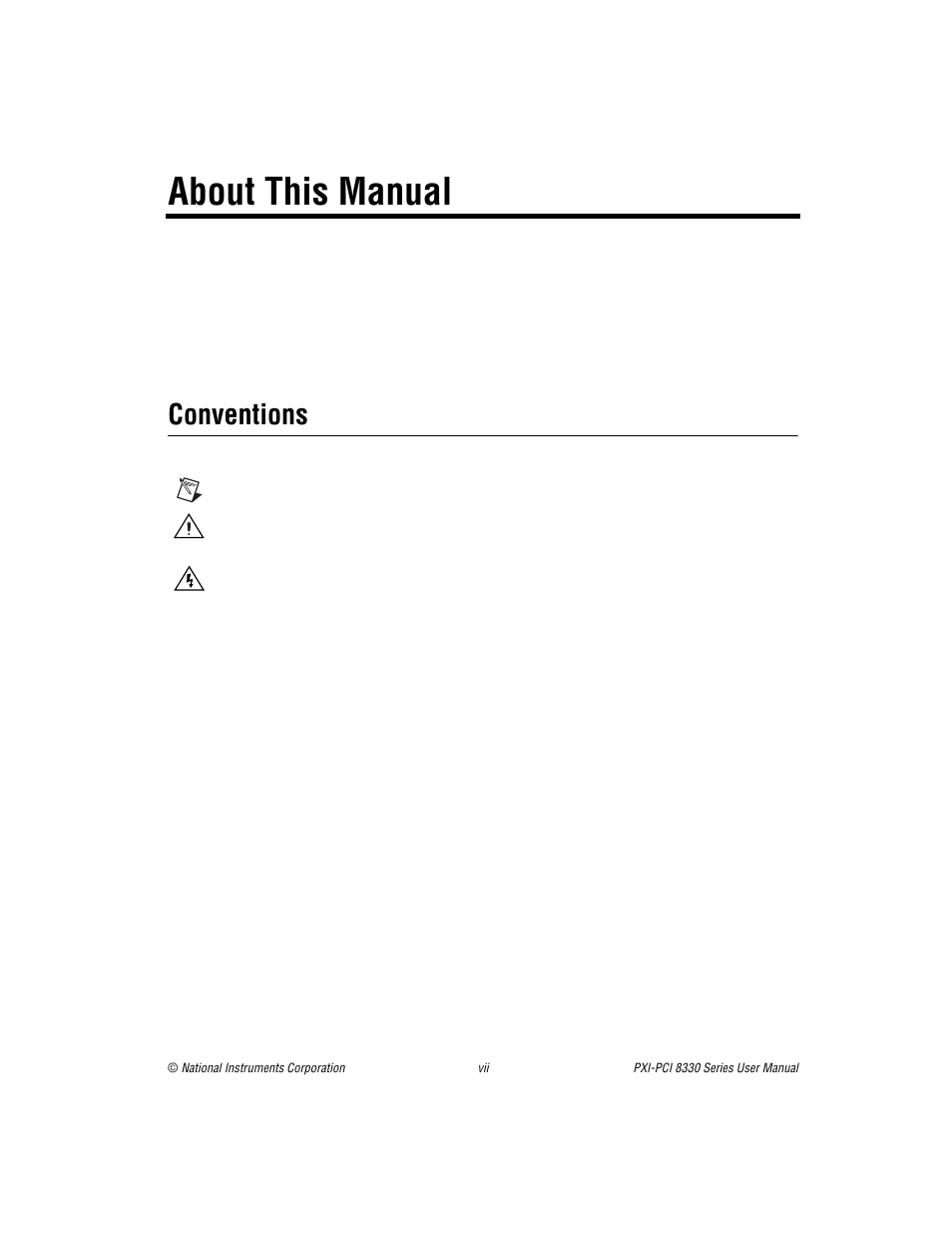 About this manual, Conventions | National Instruments PXI-PCI 8330 Series User Manual | Page 7 / 30
