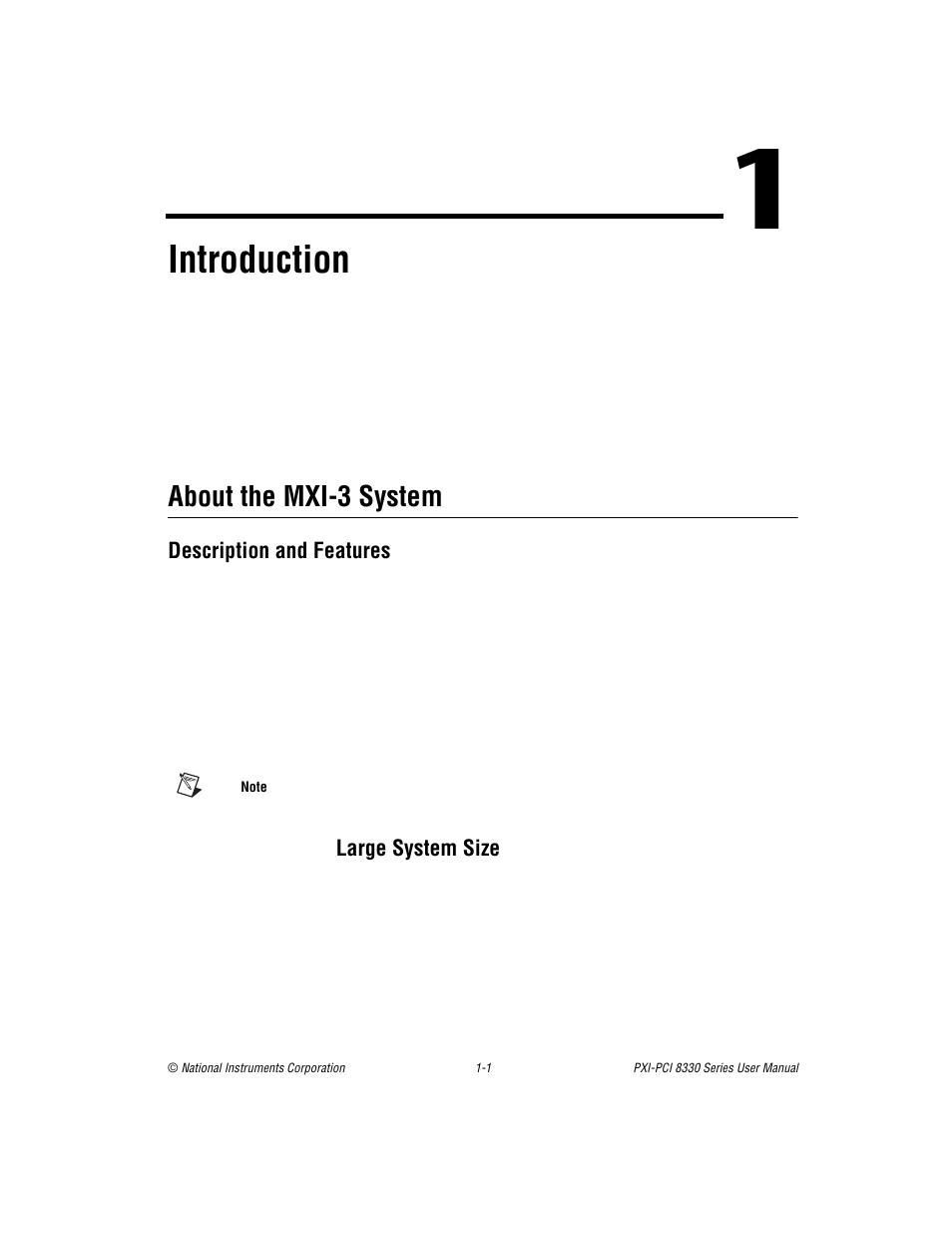 Chapter 1 introduction, About the mxi-3 system, Description and features | Large system size, About the mxi-3 system -1, Description and features -1, Large system size -1, Introduction | National Instruments PXI-PCI 8330 Series User Manual | Page 9 / 30