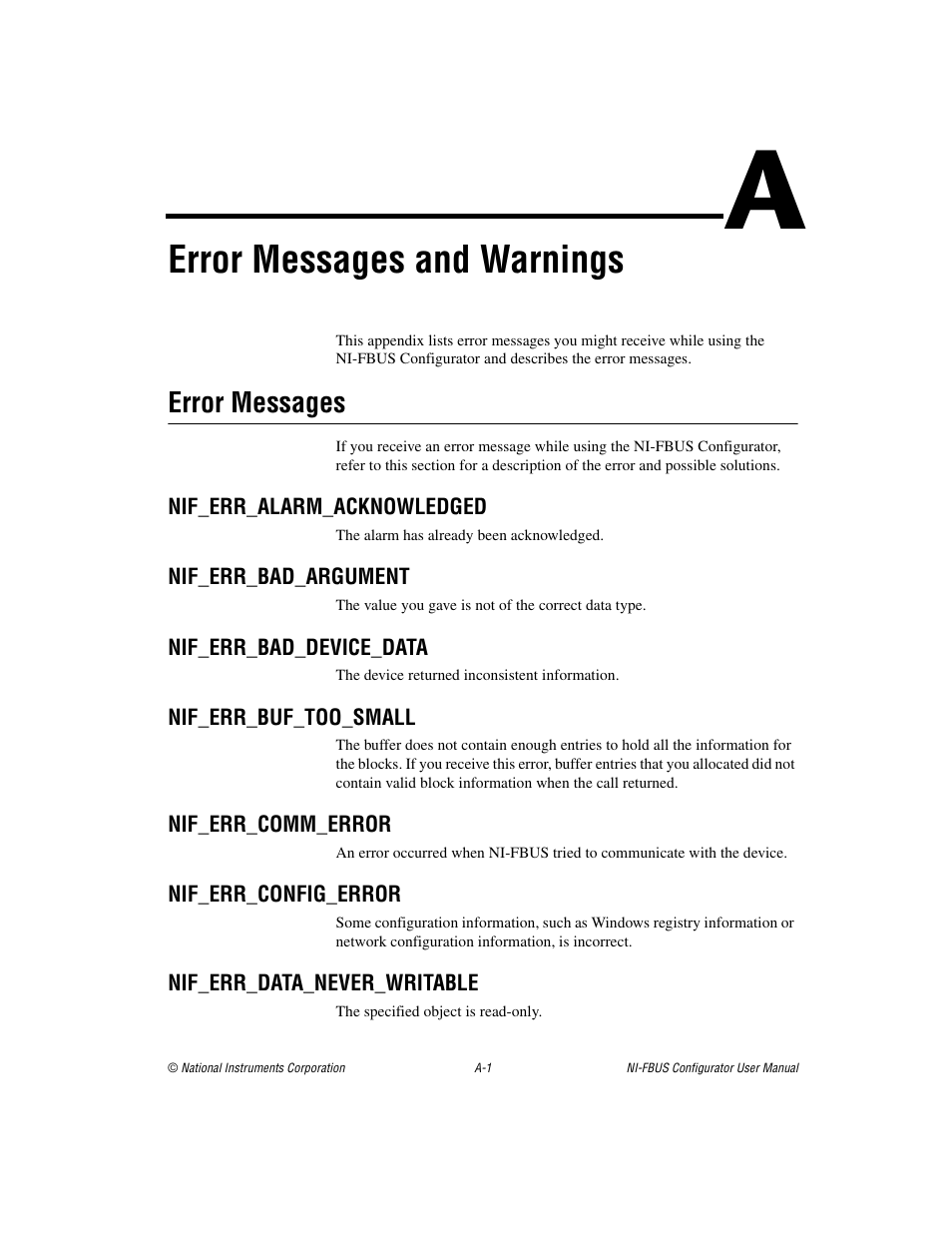 Appendix a error messages and warnings, Error messages, Error messages and warnings | National Instruments NI-FBUS User Manual | Page 100 / 157