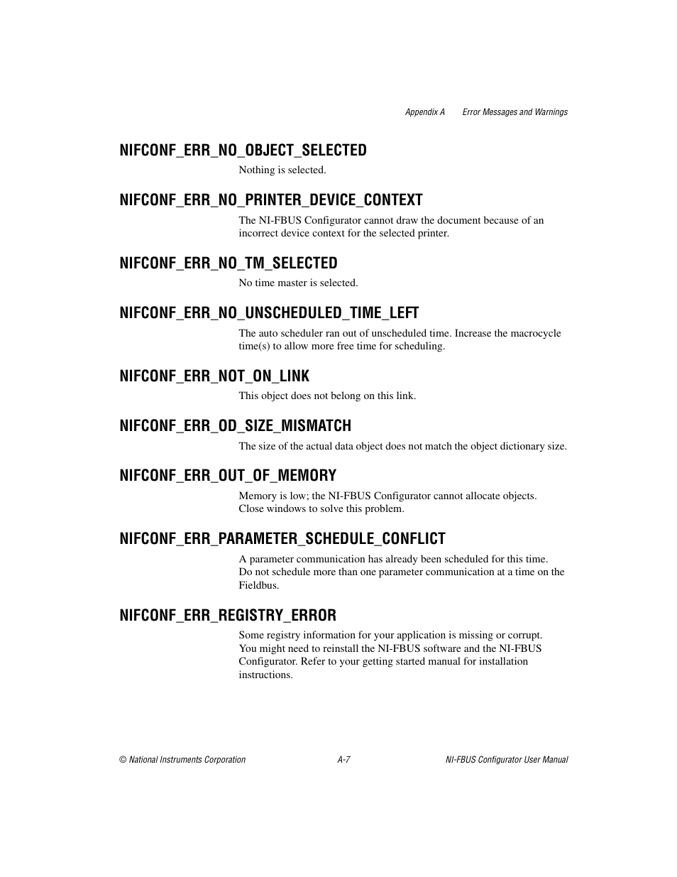 Nifconf_err_no_object_selected, Nifconf_err_no_printer_device_context, Nifconf_err_no_tm_selected | Nifconf_err_no_unscheduled_time_left, Nifconf_err_not_on_link, Nifconf_err_od_size_mismatch, Nifconf_err_parameter_schedule_conflict, Nifconf_err_registry_error | National Instruments NI-FBUS User Manual | Page 106 / 157