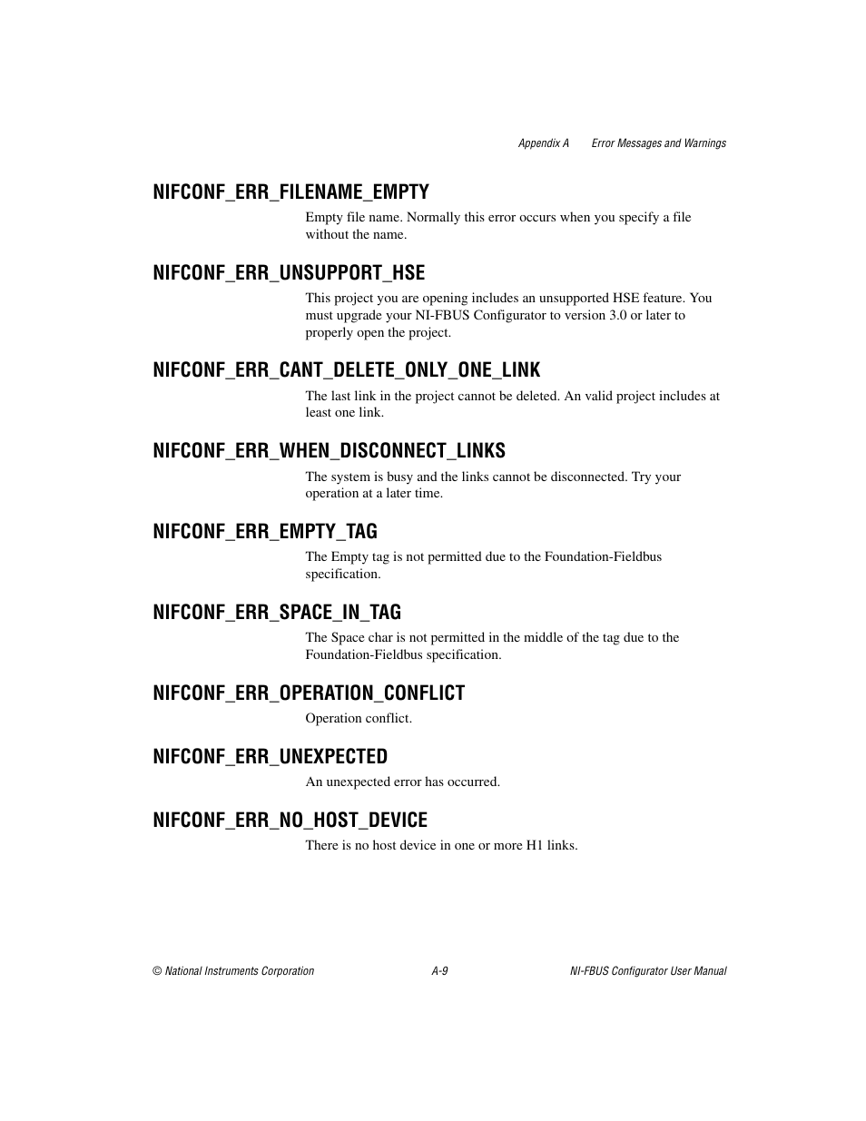Nifconf_err_filename_empty, Nifconf_err_unsupport_hse, Nifconf_err_cant_delete_only_one_link | Nifconf_err_when_disconnect_links, Nifconf_err_empty_tag, Nifconf_err_space_in_tag, Nifconf_err_operation_conflict, Nifconf_err_unexpected, Nifconf_err_no_host_device | National Instruments NI-FBUS User Manual | Page 108 / 157