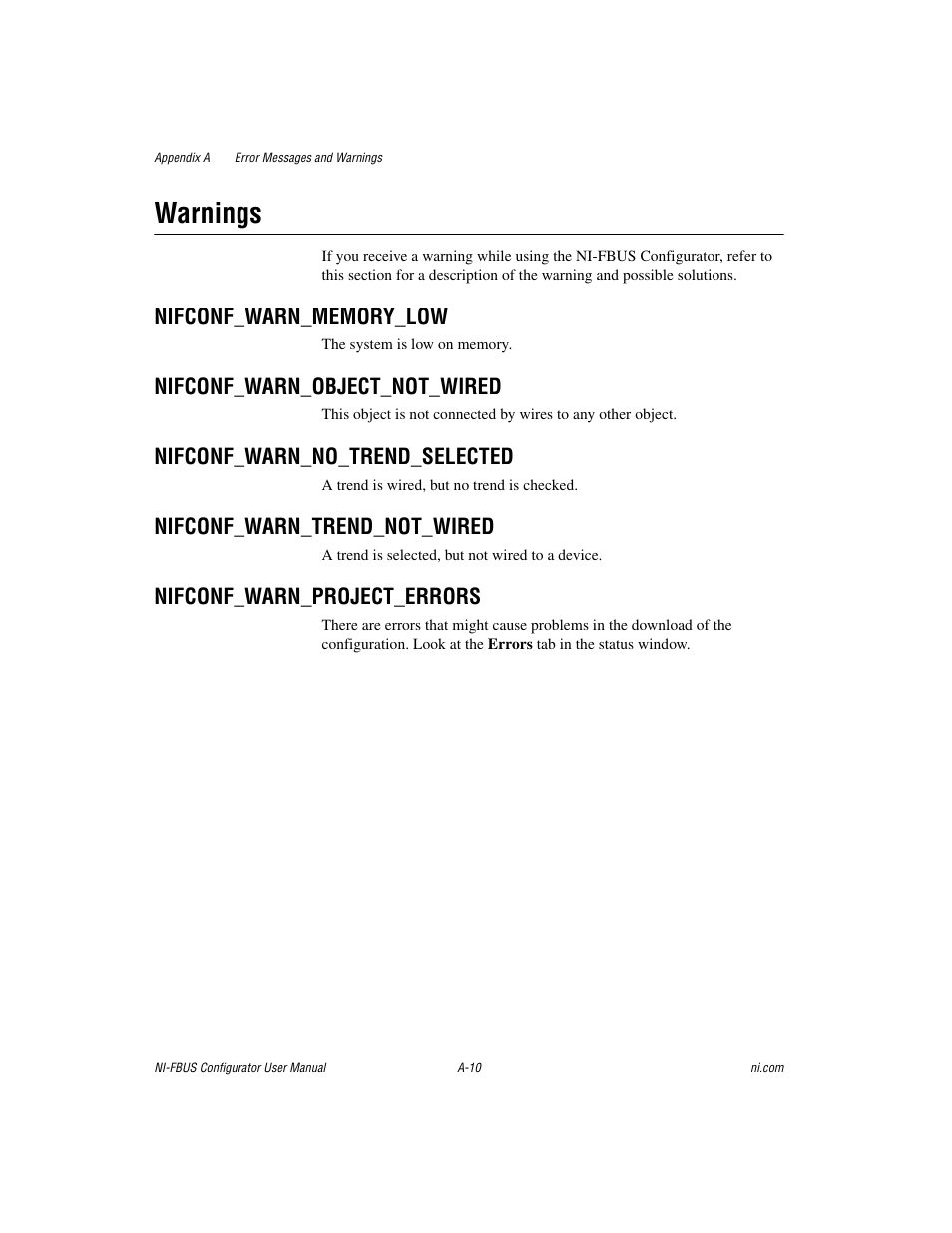 Warnings, Nifconf_warn_object_not_wired, Nifconf_warn_no_trend_selected | Nifconf_warn_trend_not_wired, Nifconf_warn_project_errors | National Instruments NI-FBUS User Manual | Page 109 / 157