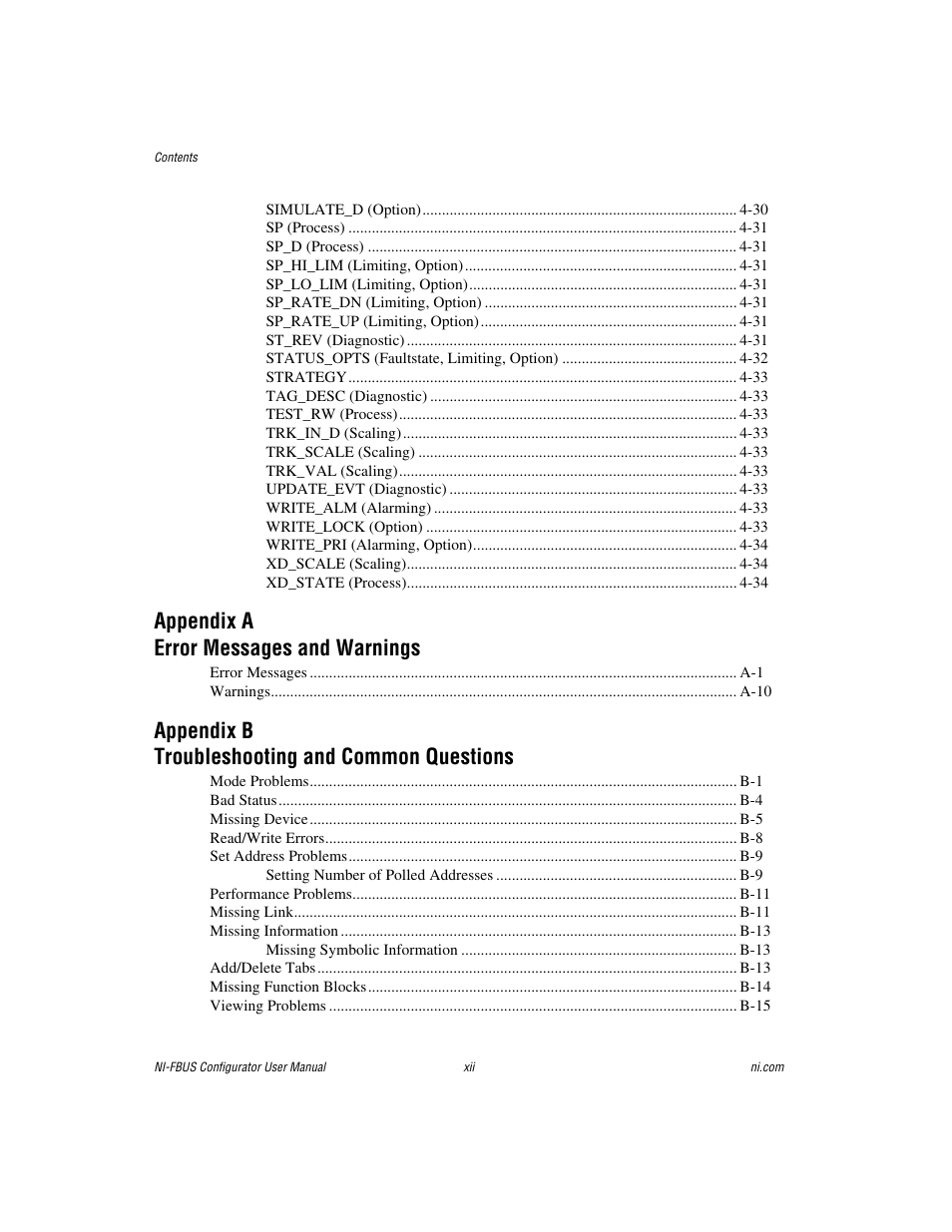 Appendix a error messages and warnings, Appendix b troubleshooting and common questions | National Instruments NI-FBUS User Manual | Page 11 / 157