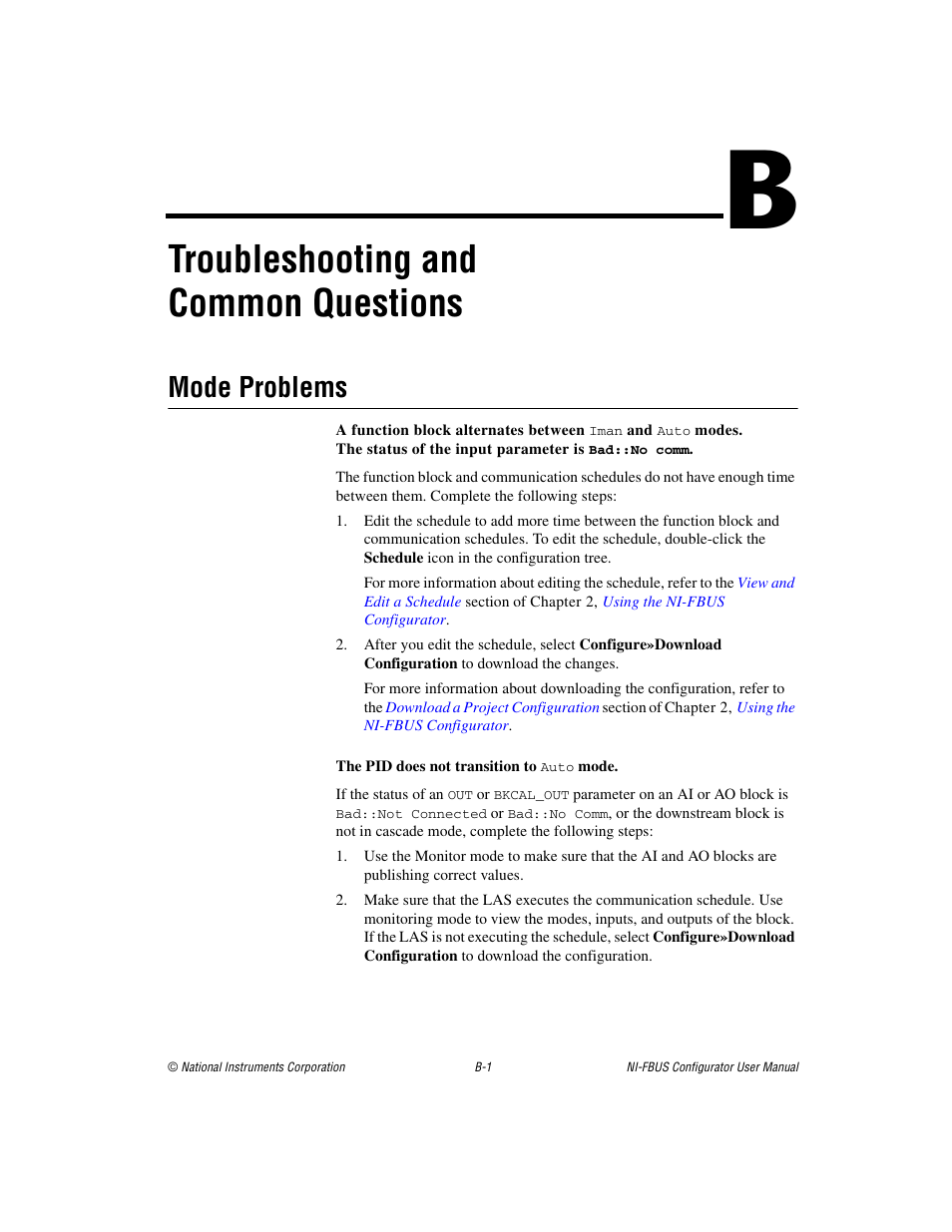 Appendix b troubleshooting and common questions, Mode problems, Troubleshooting and common questions | National Instruments NI-FBUS User Manual | Page 110 / 157