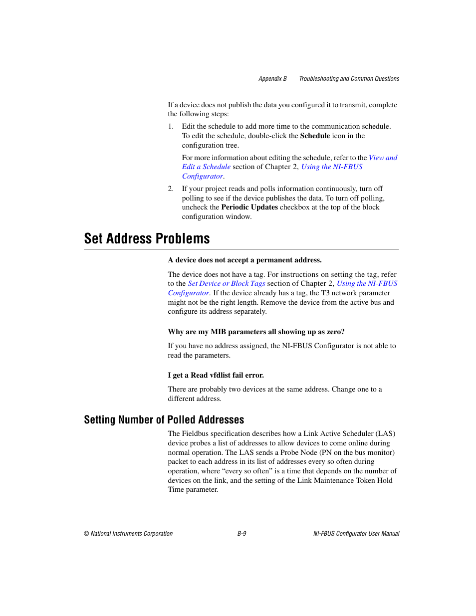 Set address problems, Setting number of polled addresses | National Instruments NI-FBUS User Manual | Page 118 / 157