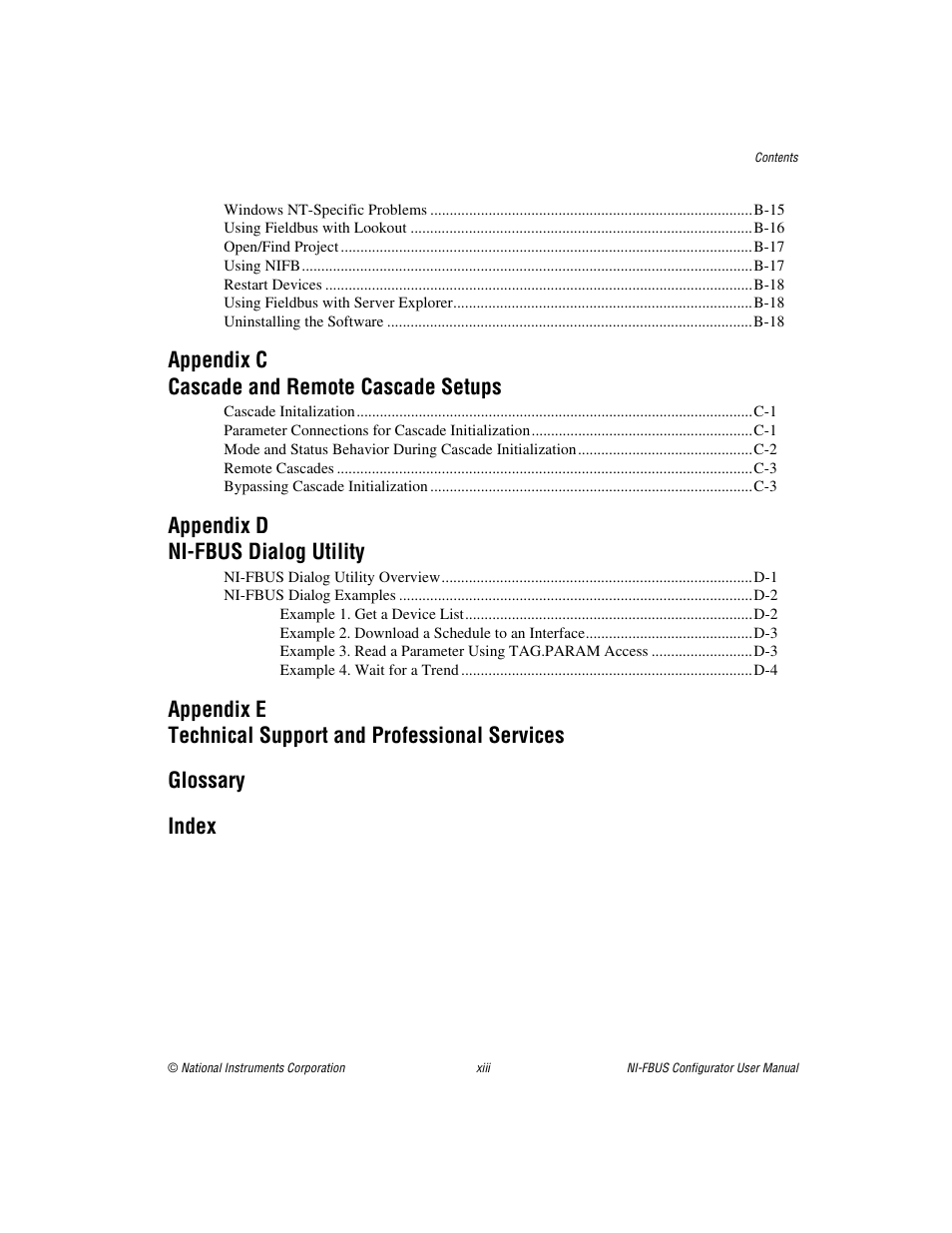 Appendix c cascade and remote cascade setups, Appendix d ni-fbus dialog utility | National Instruments NI-FBUS User Manual | Page 12 / 157